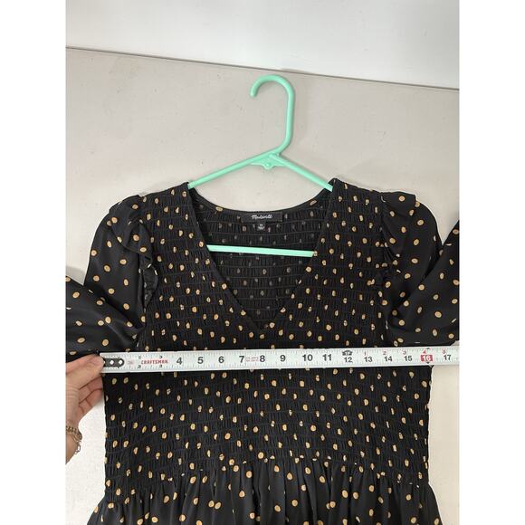 Madewell Women’s Lucie- SZ XS -V-Neck Smocked 3/4 Sleeve Polka Dot Mini Dress - Picture 6 of 9